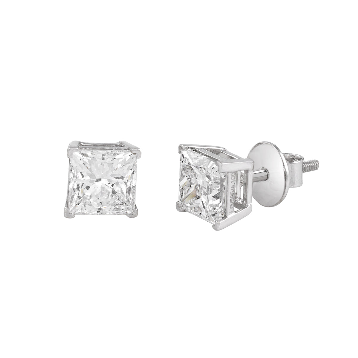 Pair of princess cut lab grown diamond stud earrings in silver settings by EVERLUME JEWELS