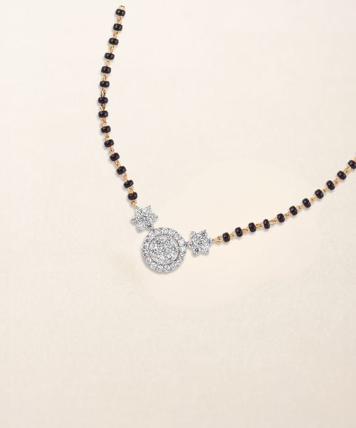 Lab grown diamond mangalsutra with black beads and floral pendants