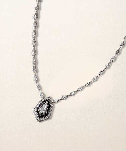 Lab grown diamond necklace with an octagonal black and white diamond pendant