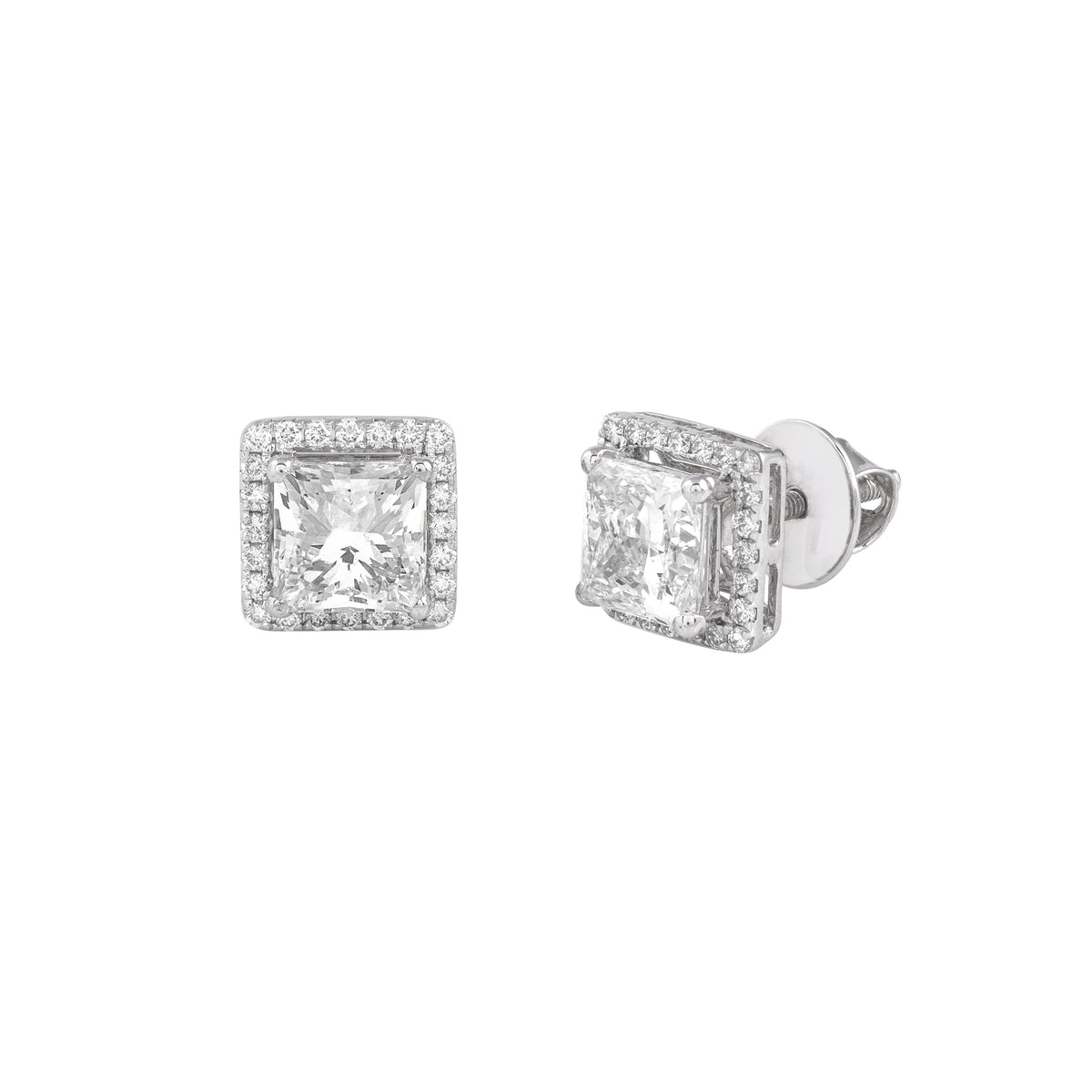 EVERLUME JEWELS princess cut halo 3.04 carat lab grown diamond earrings in white gold