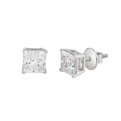 Pair of princess cut lab grown diamond stud earrings in silver settings by EVERLUME JEWELS