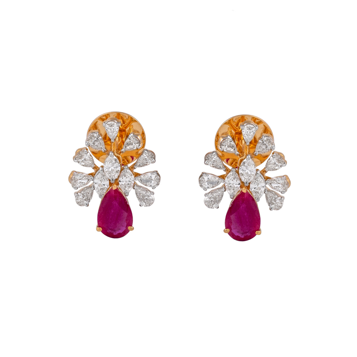 Floral Ruby Diamond Studs by EVERLUME JEWELS featuring teardrop rubies and diamond petals