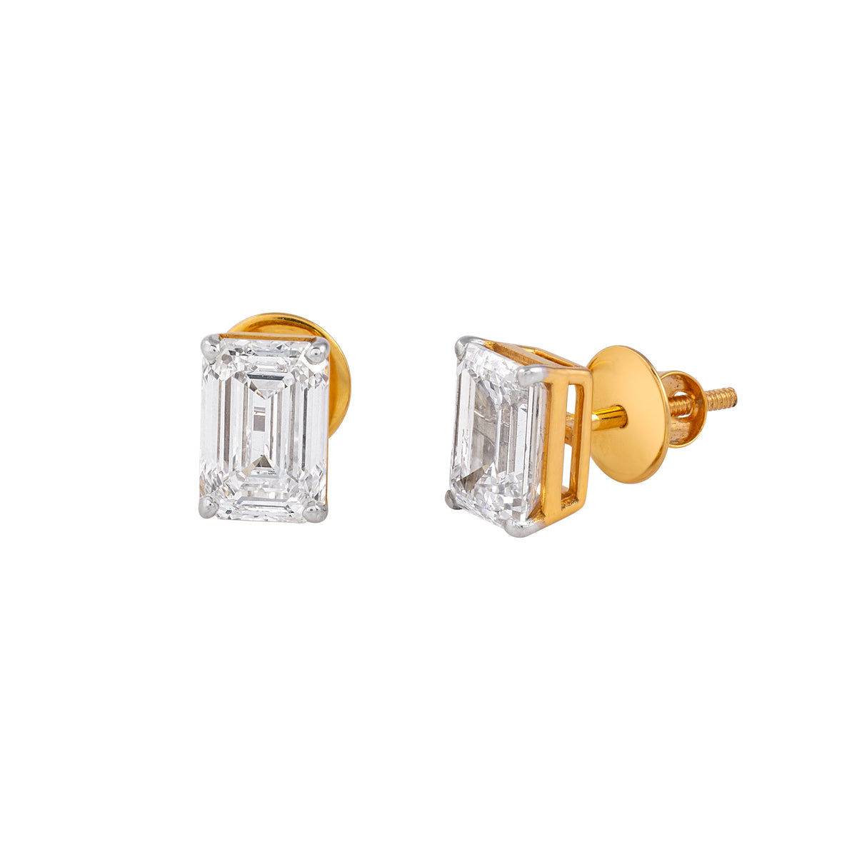 Pair of emerald cut lab grown diamond stud earrings in yellow gold by EVERLUME JEWELS