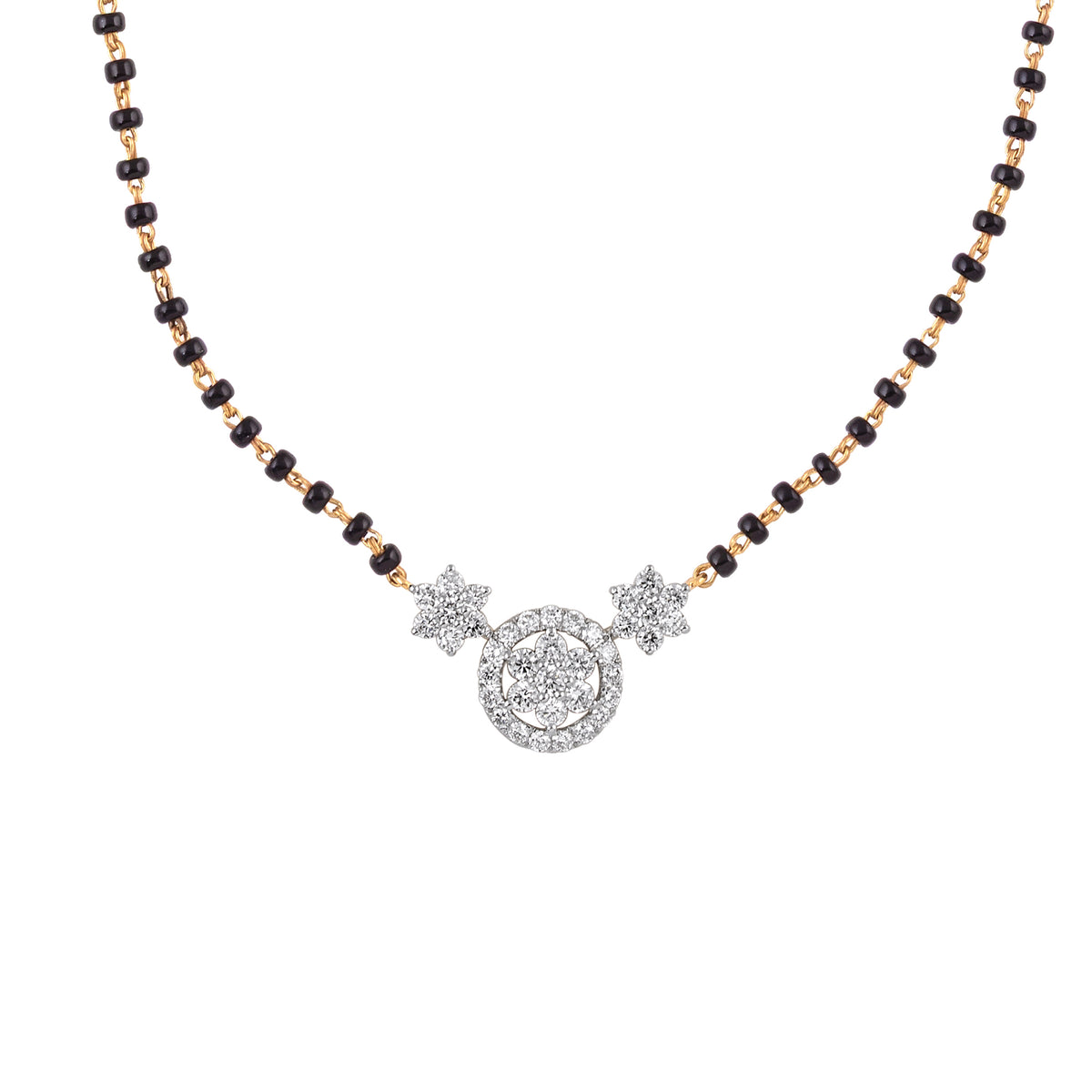 Everlume Jewels Floral Halo Pendant Diamond Mangalsutra with black beads