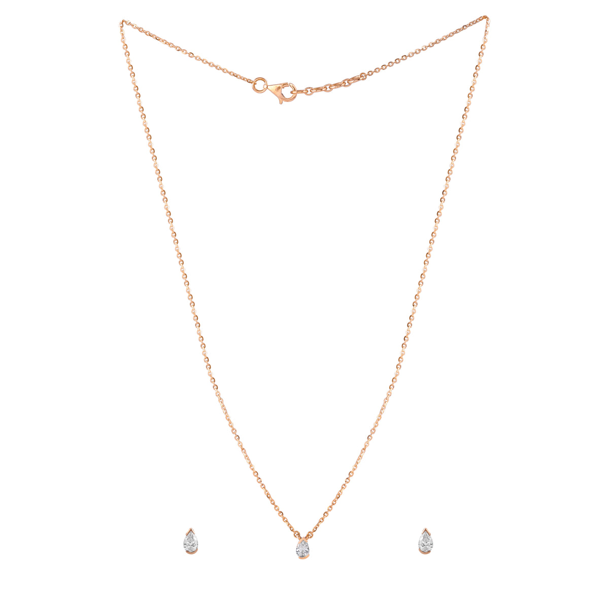 Everlume Jewels pear shaped diamond pendant and earring set in rose gold