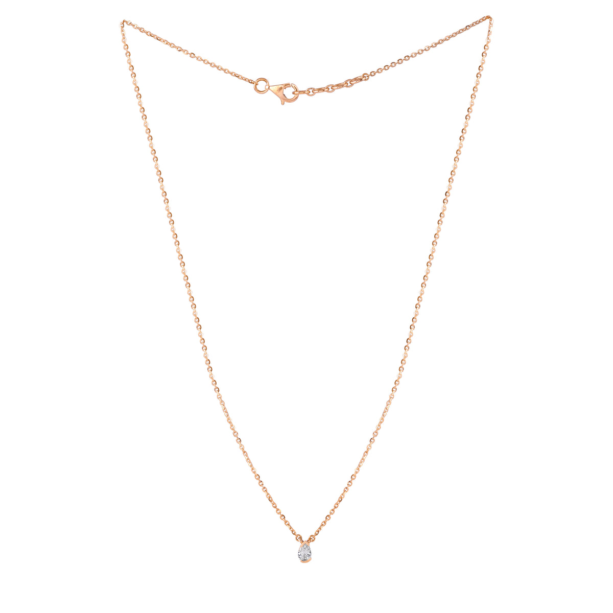 Everlume Jewels pear shaped diamond pendant on a rose gold chain