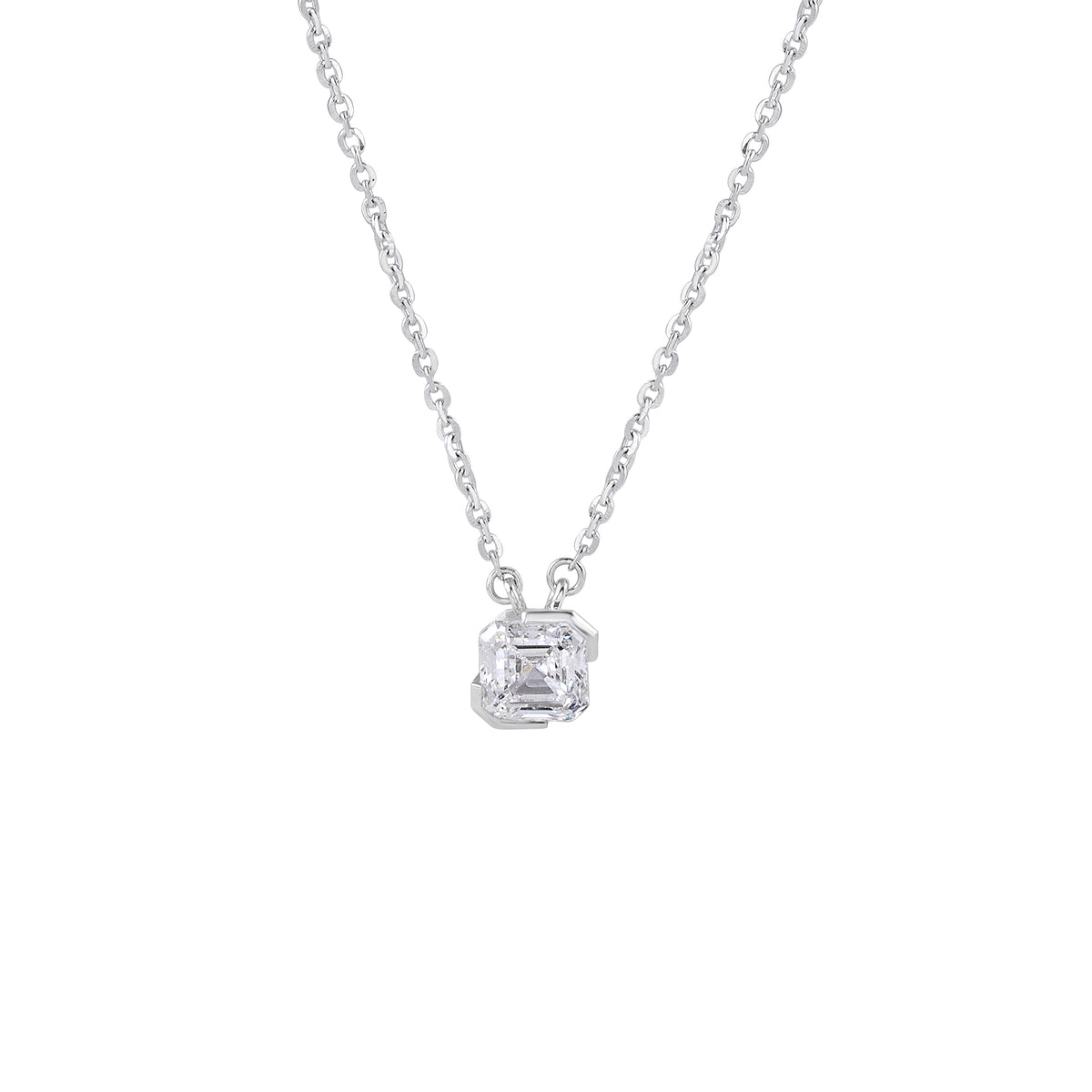 Minimalist square-cut lab grown diamond pendant on a silver chain by EVERLUME JEWELS