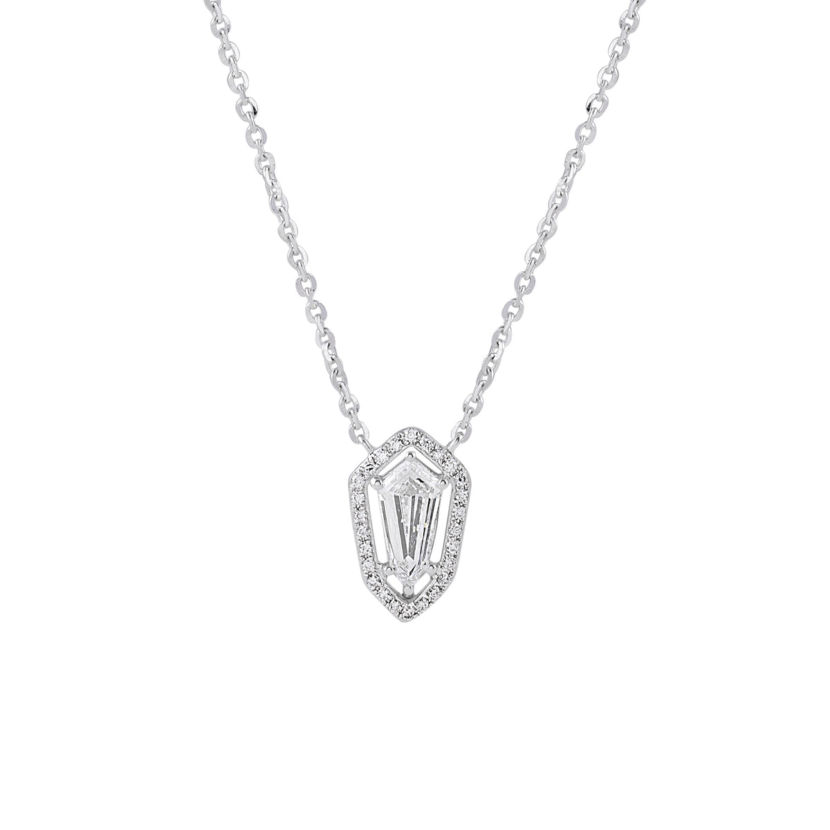 Shield cut halo diamond pendant on a silver chain by EVERLUME JEWELS