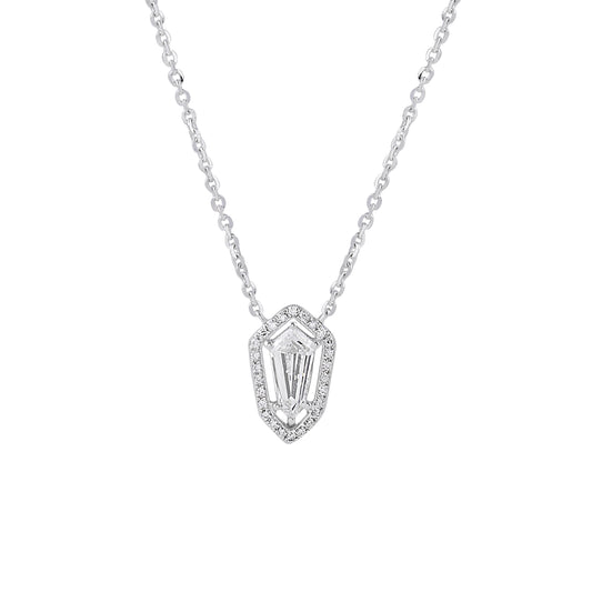 Shield cut halo diamond pendant on a silver chain by EVERLUME JEWELS