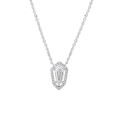 Shield cut halo diamond pendant on a silver chain by EVERLUME JEWELS
