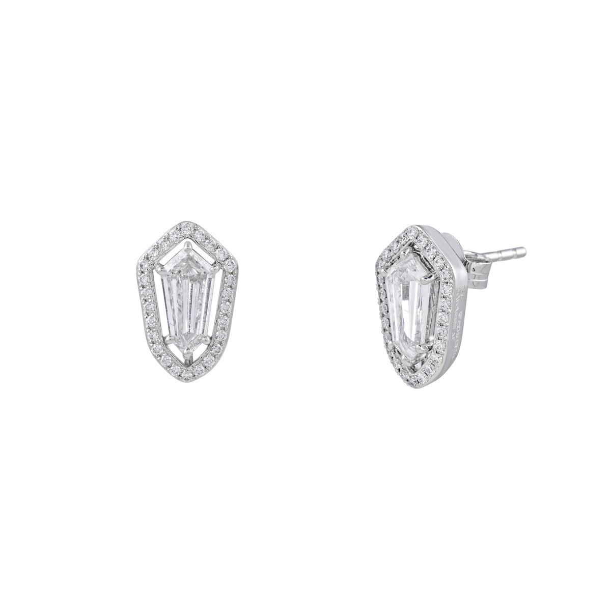 Everlume Jewels shield cut halo diamond stud earrings in white gold