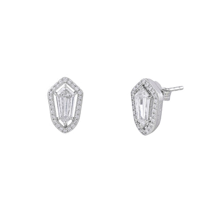 Everlume Jewels shield cut halo diamond stud earrings in white gold